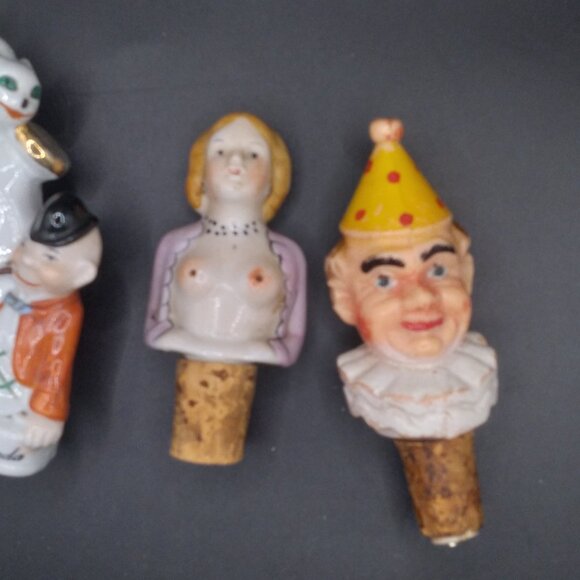 Vintage Naked Lady Porcelain & Celluloid Clown Bottle Stoppers & Bottle - Picture 3 of 14